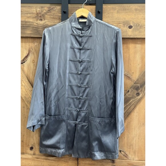 True Vintage Bonnie Strauss Size S Metallic Gray Button Up Long Line Blouse - Picture 2 of 5